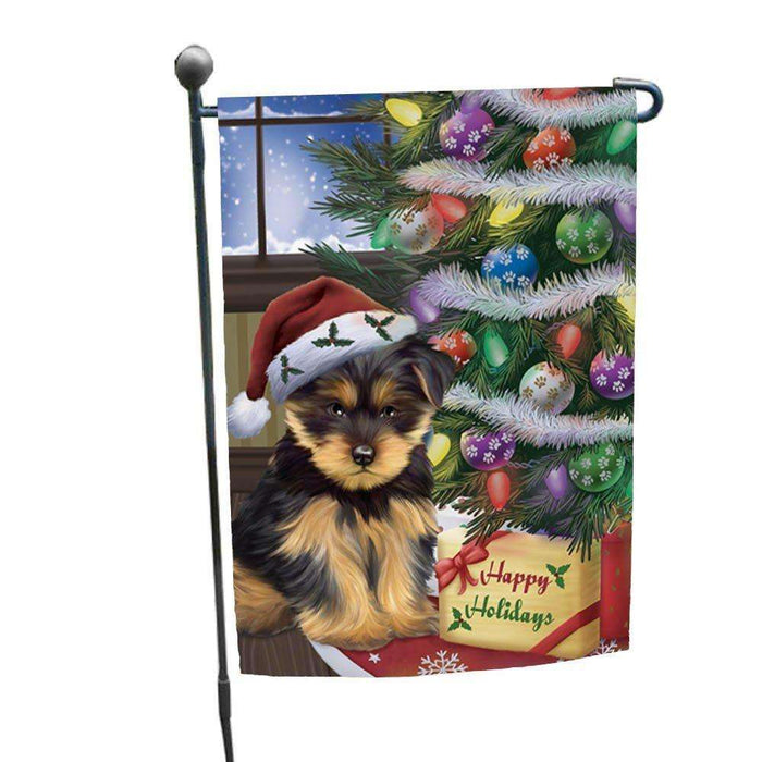 Christmas Happy Holidays Yorkshire Terriers Dog with Tree and Presents Garden Flag