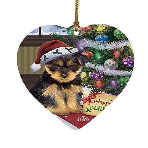 Christmas Happy Holidays Yorkshire Terriers Dog with Tree and Presents Heart Ornament