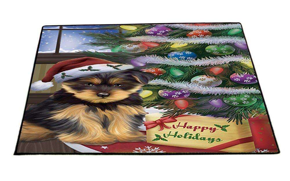 Christmas Happy Holidays Yorkshire Terriers Dog with Tree and Presents Indoor/Outdoor Floormat