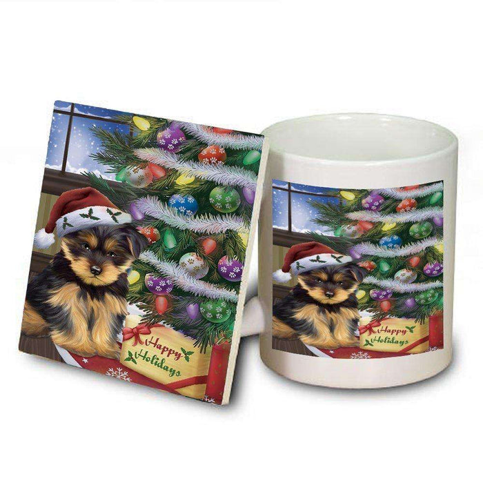 Christmas Happy Holidays Yorkshire Terriers Dog with Tree and Presents Mug and Coaster Set