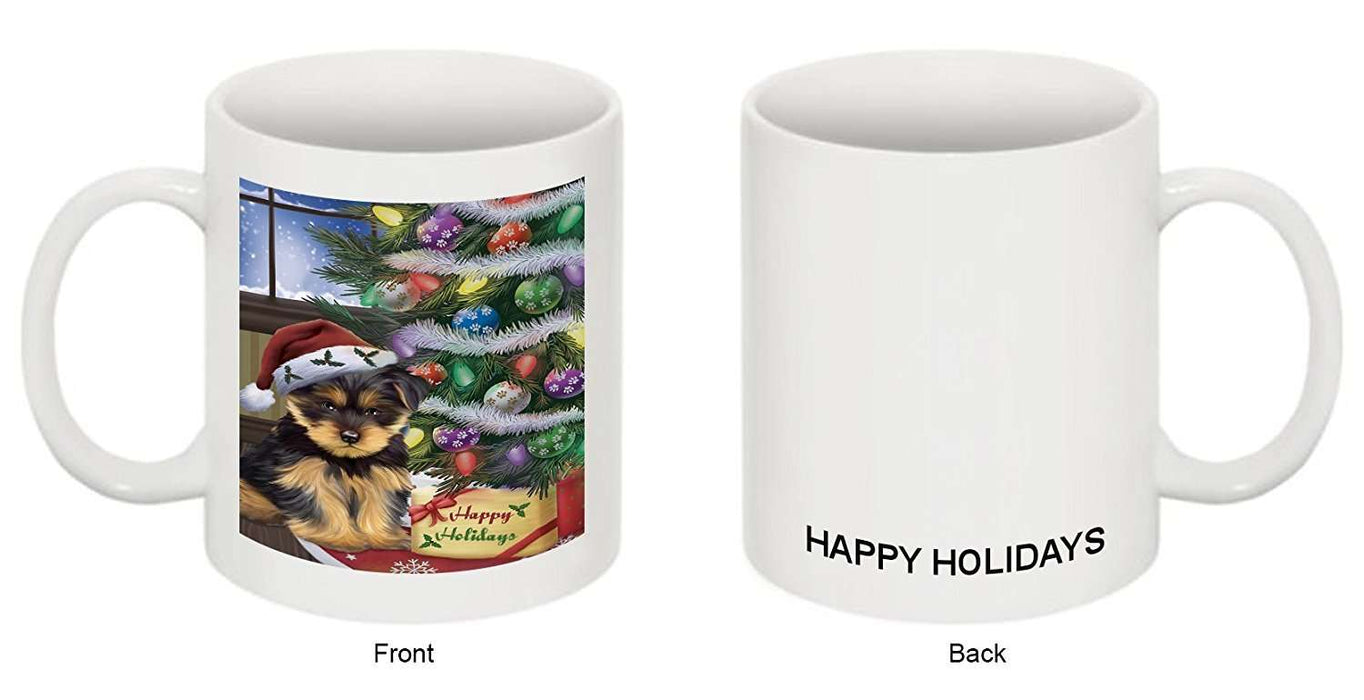 Christmas Happy Holidays Yorkshire Terriers Dog with Tree and Presents Mug