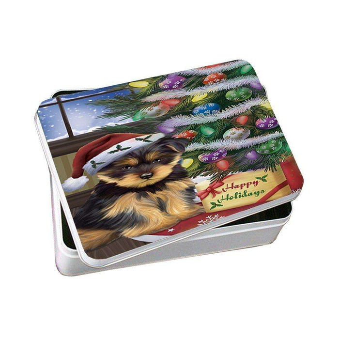 Christmas Happy Holidays Yorkshire Terriers Dog with Tree and Presents Photo Storage Tin