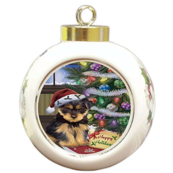 Christmas Happy Holidays Yorkshire Terriers Dog with Tree and Presents Round Ball Ornament