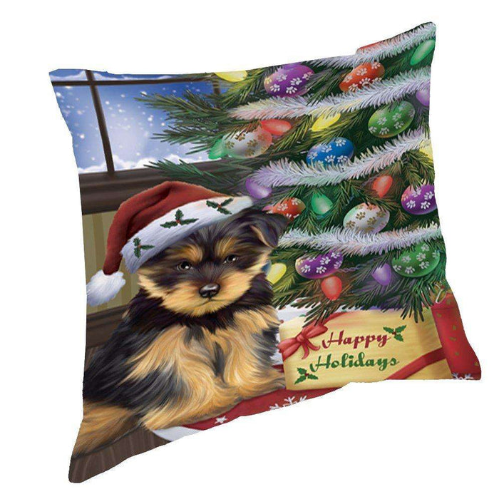 Christmas Happy Holidays Yorkshire Terriers Dog with Tree and Presents Throw Pillow