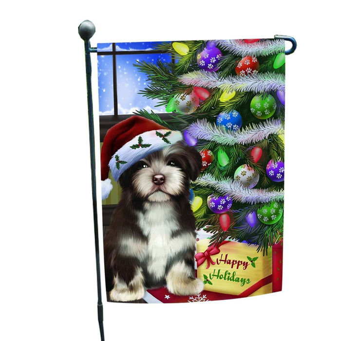 Christmas Holiday Havanese Dog Wearing Santa Hat with Tree and Presents Garden Flag FLG000
