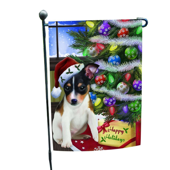 Christmas Holiday Rat Terrier Dog Wearing Santa Hat with Tree and Presents Garden Flag FLG002