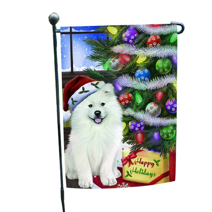 Christmas Holiday Samoyed Dog Wearing Santa Hat with Tree and Presents Garden Flag FLG003