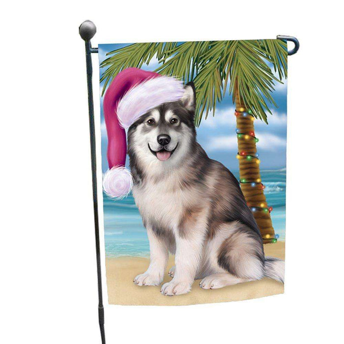 Christmas Holiday Summer Time Alaskan Malamute Adult Dog on Beach Wearing Santa Hat Garden Flag FLG146