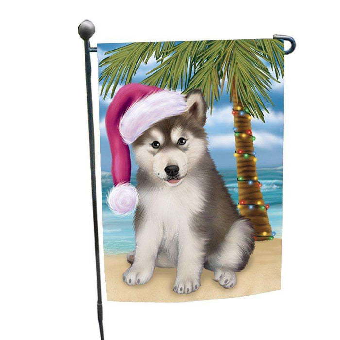 Christmas Holiday Summer Time Alaskan Malamute Puppy on Beach Wearing Santa Hat Garden Flag FLG147