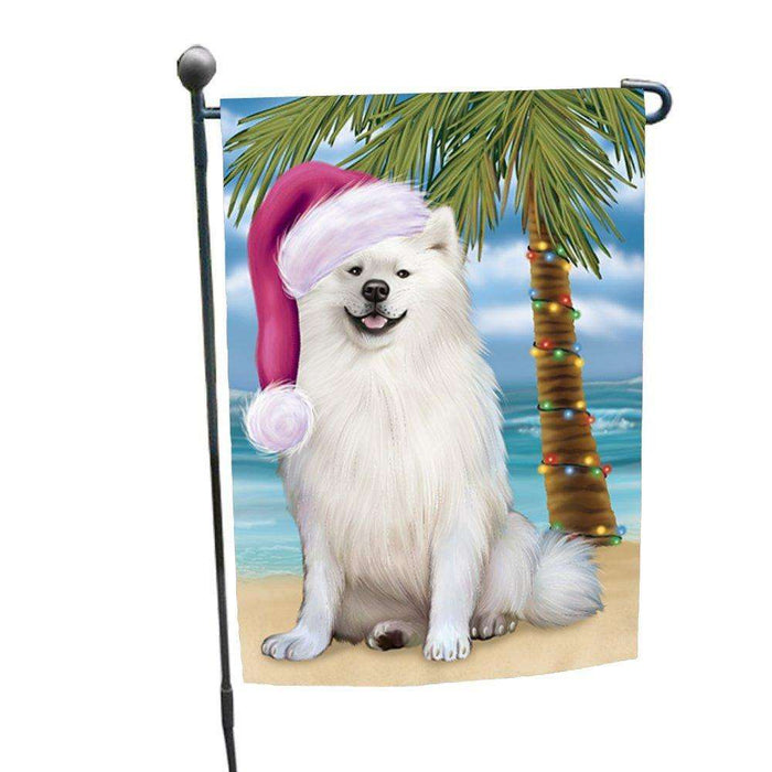 Christmas Holiday Summer Time American Eskimo Adult Dog on Beach Wearing Santa Hat Garden Flag FLG149