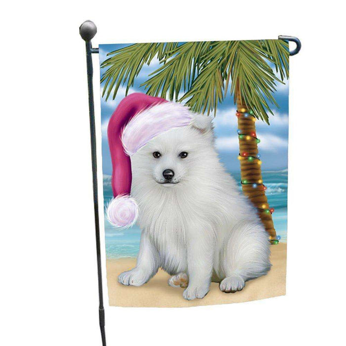 Christmas Holiday Summer Time American Eskimo Puppy on Beach Wearing Santa Hat Garden Flag FLG150