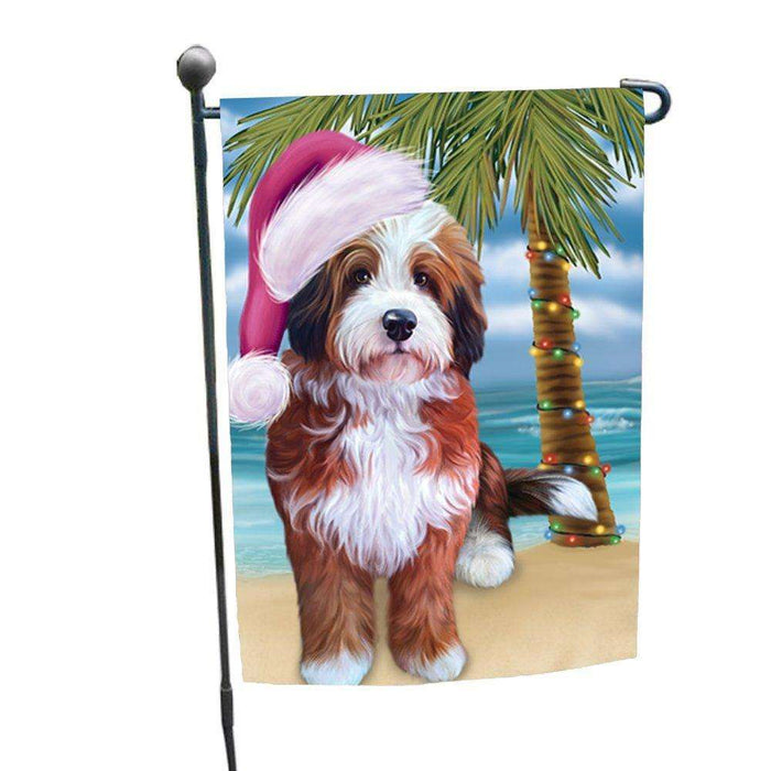 Christmas Holiday Summer Time Bernedoodle Dog on Beach Wearing Santa Hat Garden Flag FLG166