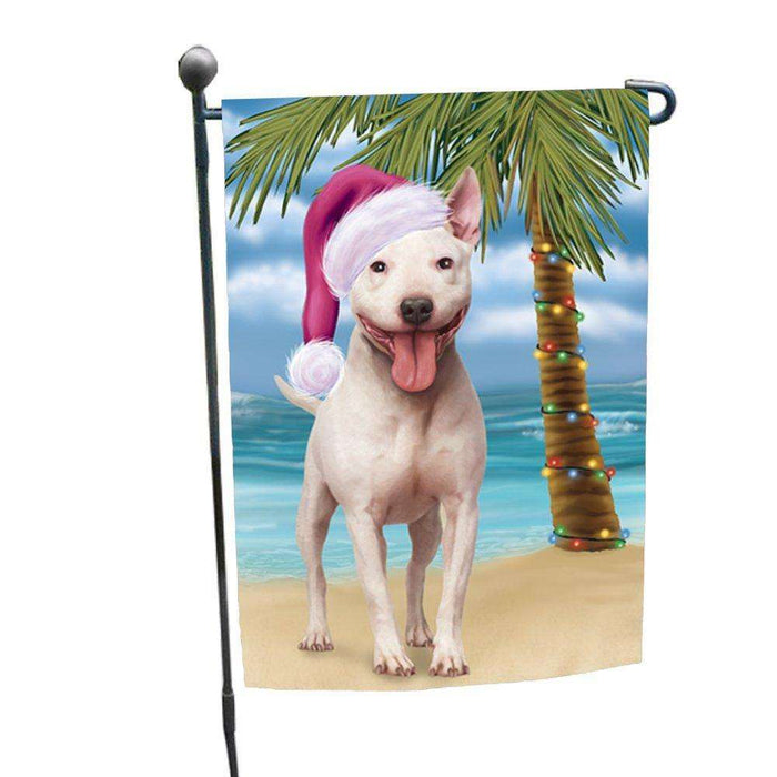Christmas Holiday Summer Time Bull Terrier Dog on Beach Wearing Santa Hat Garden Flag FLG173