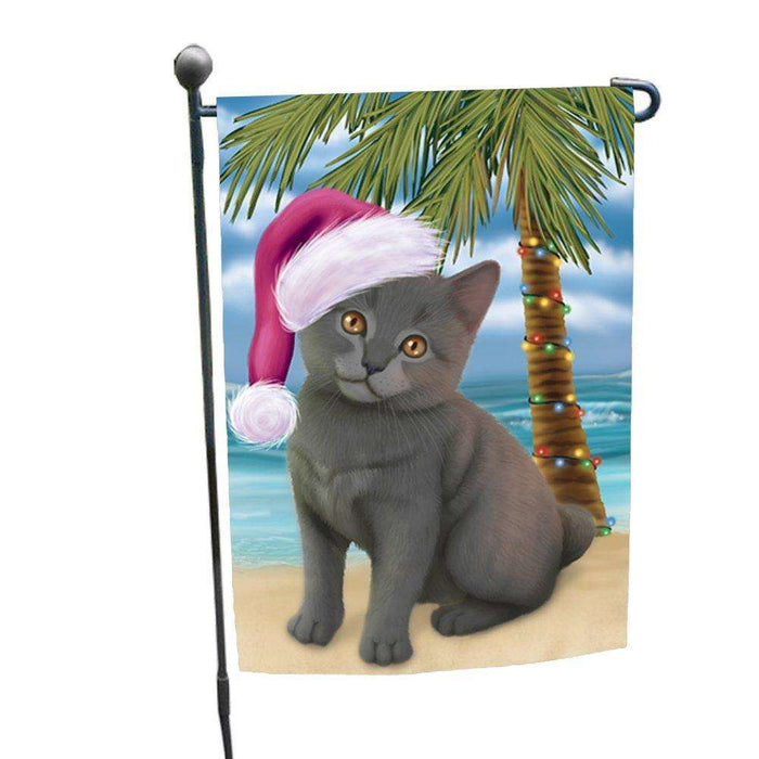 Christmas Holiday Summer Time Chartreux Kitten on Beach Wearing Santa Hat Garden Flag FLG176