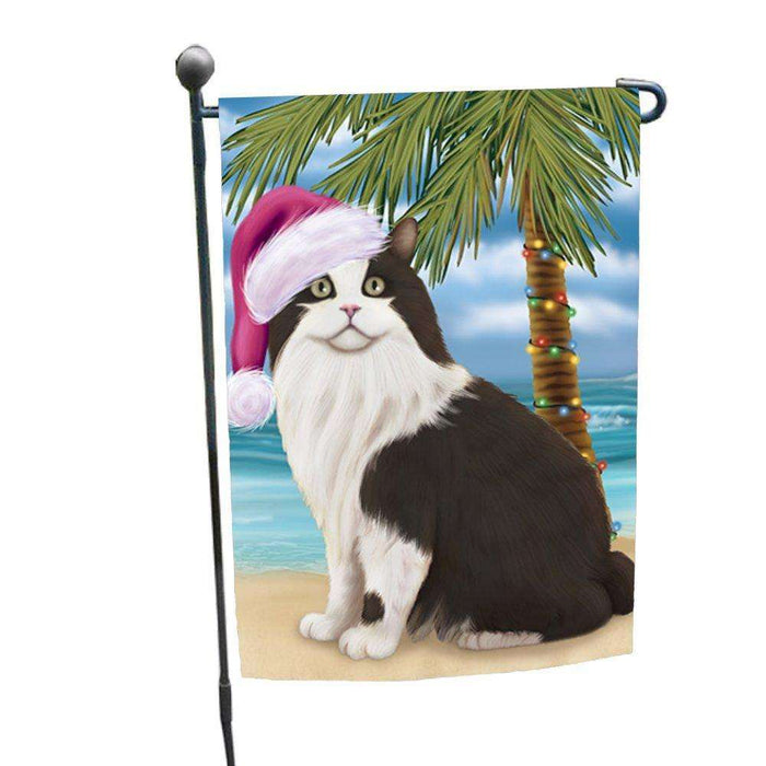 Christmas Holiday Summer Time Cymric Black And White Cat on Beach Wearing Santa Hat Garden Flag FLG181