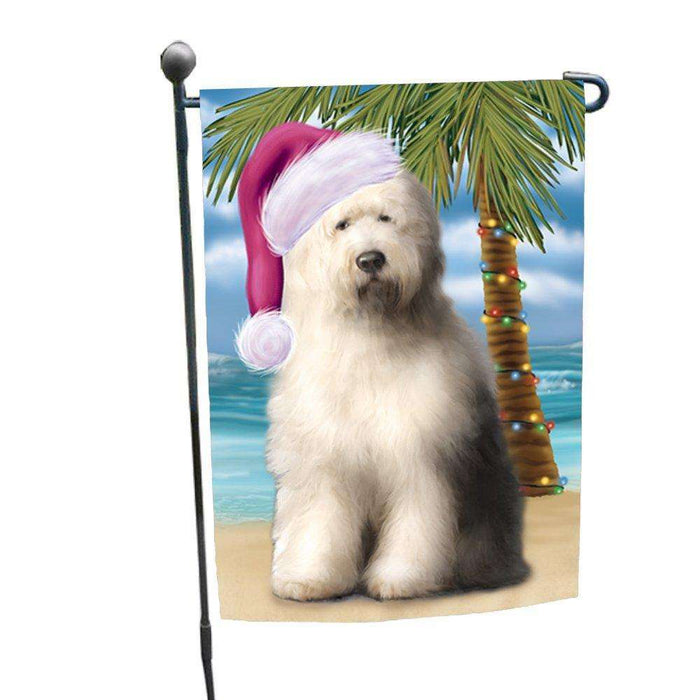 Christmas Holiday Summer Time Old English Sheepdog on Beach Wearing Santa Hat Garden Flag FLG189