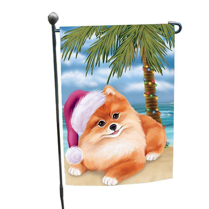 Christmas Holiday Summer Time Pomeranian Dog on Beach Wearing Santa Hat Garden Flag FLG197