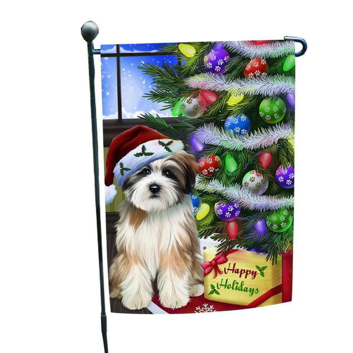 Christmas Holiday Tibetan Terrier Dog Wearing Santa Hat with Tree and Presents Garden Flag FLG004