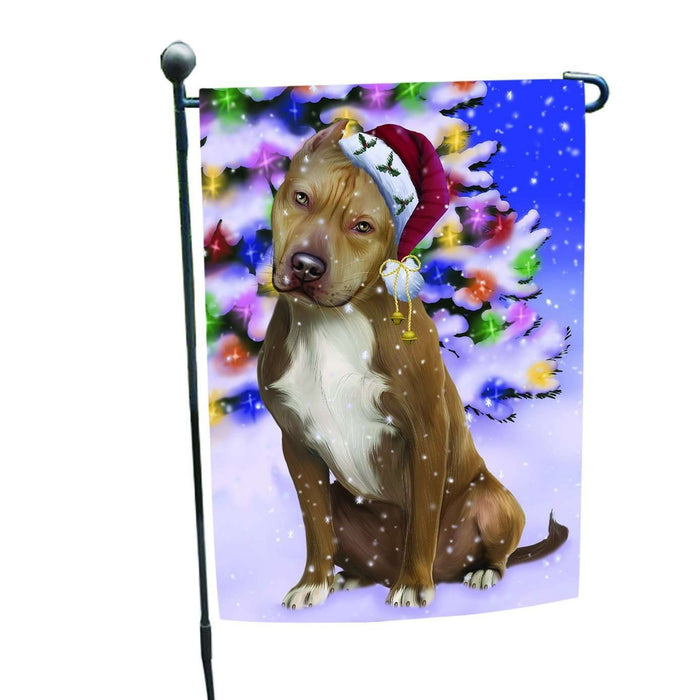 Christmas Holiday Winter Wonderland Pit Bull Adult Dog Wearing Santa Hat Garden Flag FLG135