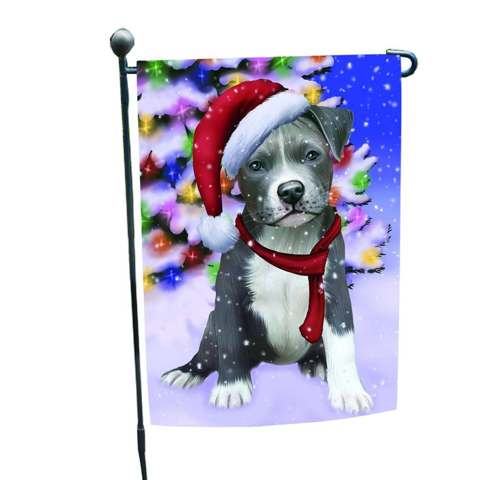 Christmas Holiday Winter Wonderland Pit Bull Puppy Wearing Santa Hat Garden Flag FLG136