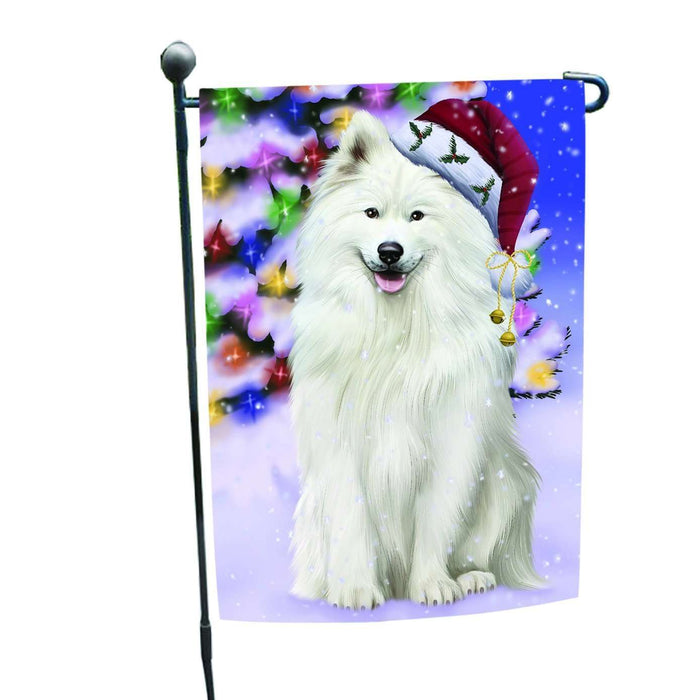 Christmas Holiday Winter Wonderland Samoyed Adult Dog Wearing Santa Hat Garden Flag FLG139