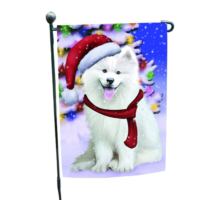 Christmas Holiday Winter Wonderland Samoyed Puppy Wearing Santa Hat Garden Flag FLG140