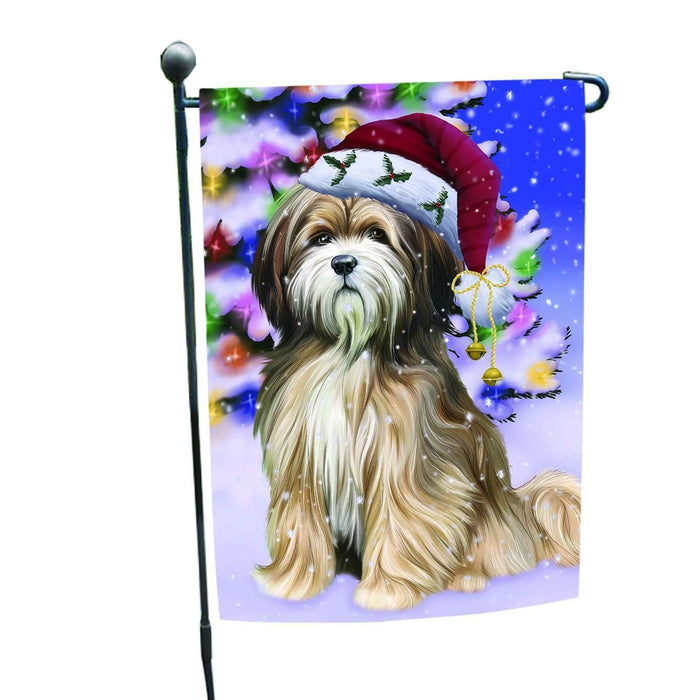 Christmas Holiday Winter Wonderland Tibetan Terrier Adult Dog Wearing Santa Hat Garden Flag FLG141