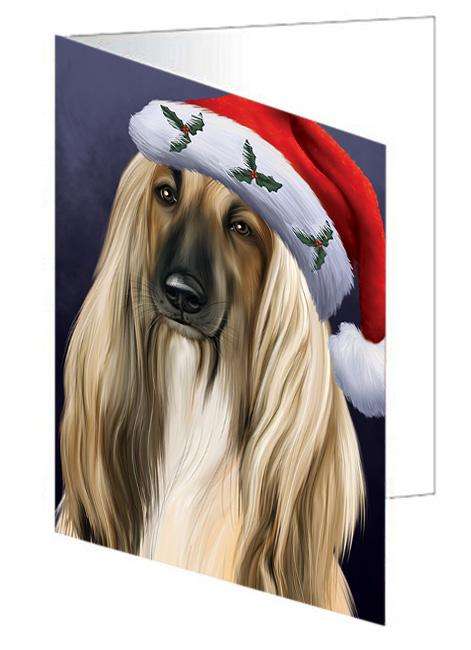 Christmas Holidays Afghan Hound Dog Wearing Santa Hat Portrait Head Handmade Artwork Assorted Pets Greeting Cards and Note Cards with Envelopes for All Occasions and Holiday Seasons GCD64487