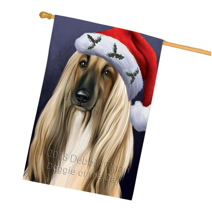 Christmas Holidays Afghan Hound Dog Wearing Santa Hat Portrait Head House Flag FLG53684