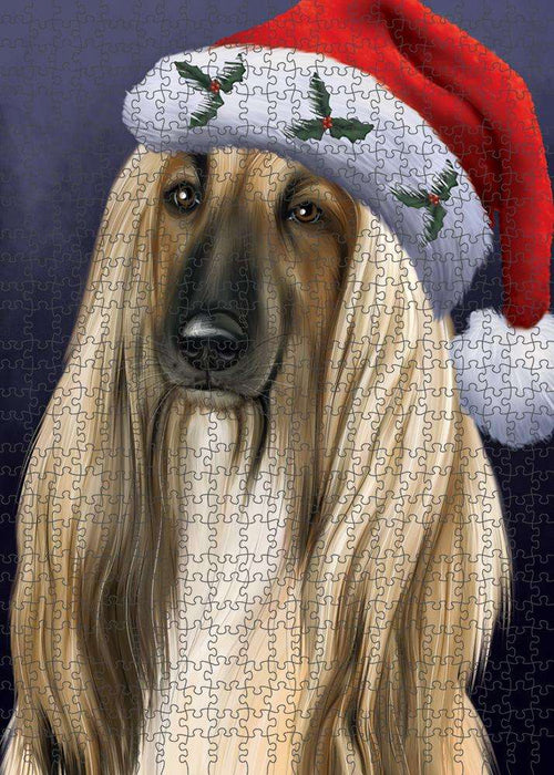 Christmas Holidays Afghan Hound Dog Wearing Santa Hat Portrait Head Puzzle with Photo Tin PUZL81100