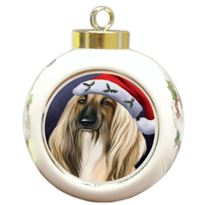 Christmas Holidays Afghan Hound Dog Wearing Santa Hat Portrait Head Round Ball Christmas Ornament RBPOR53486