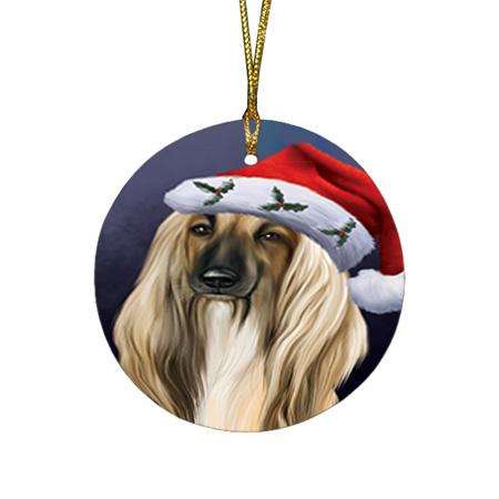 Christmas Holidays Afghan Hound Dog Wearing Santa Hat Portrait Head Round Flat Christmas Ornament RFPOR53477