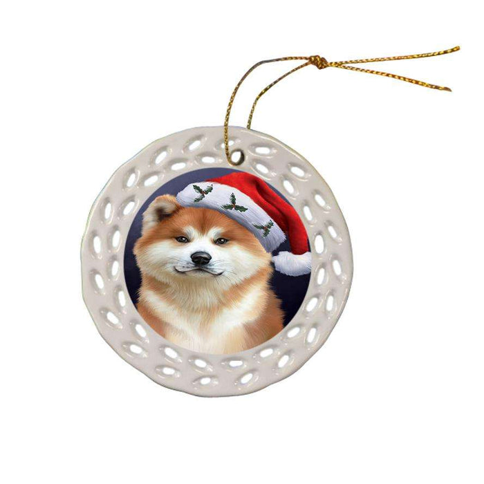 Christmas Holidays Akita Dog Wearing Santa Hat Portrait Head Ceramic Doily Ornament DPOR53487