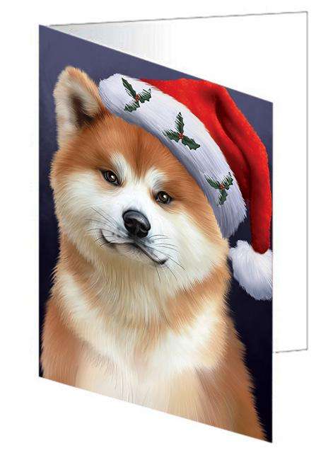 Christmas Holidays Akita Dog Wearing Santa Hat Portrait Head Handmade Artwork Assorted Pets Greeting Cards and Note Cards with Envelopes for All Occasions and Holiday Seasons GCD64490