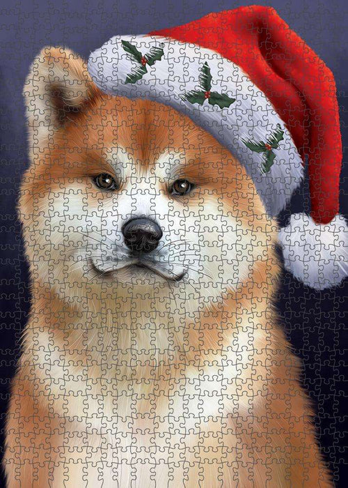 Christmas Holidays Akita Dog Wearing Santa Hat Portrait Head Puzzle with Photo Tin PUZL81104