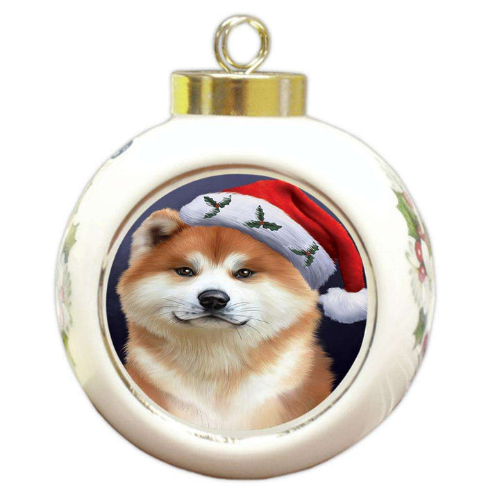 Christmas Holidays Akita Dog Wearing Santa Hat Portrait Head Round Ball Christmas Ornament RBPOR53487