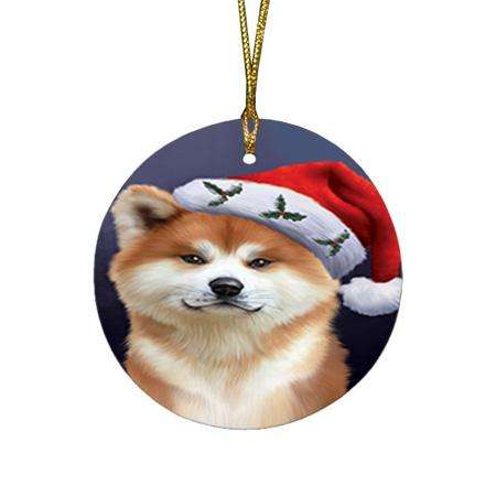Christmas Holidays Akita Dog Wearing Santa Hat Portrait Head Round Flat Christmas Ornament RFPOR53478