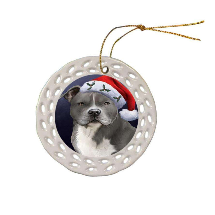 Christmas Holidays American Staffordshire Terrier Dog Wearing Santa Hat Portrait Head Ceramic Doily Ornament DPOR53488