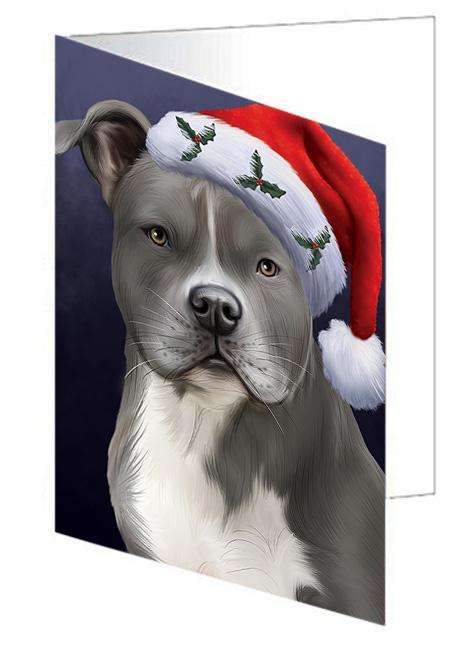 Christmas Holidays American Staffordshire Terrier Dog Wearing Santa Hat Portrait Head Handmade Artwork Assorted Pets Greeting Cards and Note Cards with Envelopes for All Occasions and Holiday Seasons GCD64493