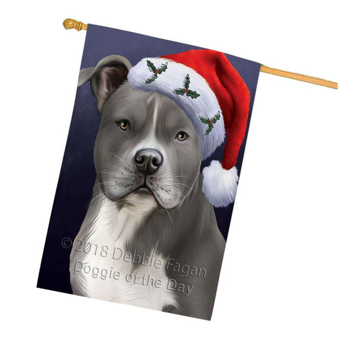 Christmas Holidays American Staffordshire Terrier Dog Wearing Santa Hat Portrait Head House Flag FLG53686