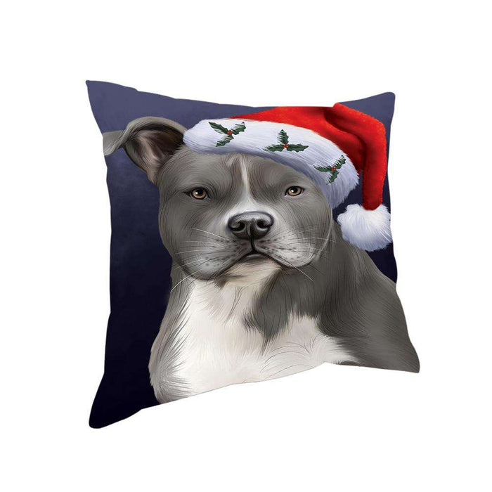 Christmas Holidays American Staffordshire Terrier Dog Wearing Santa Hat Portrait Head Pillow PIL70576