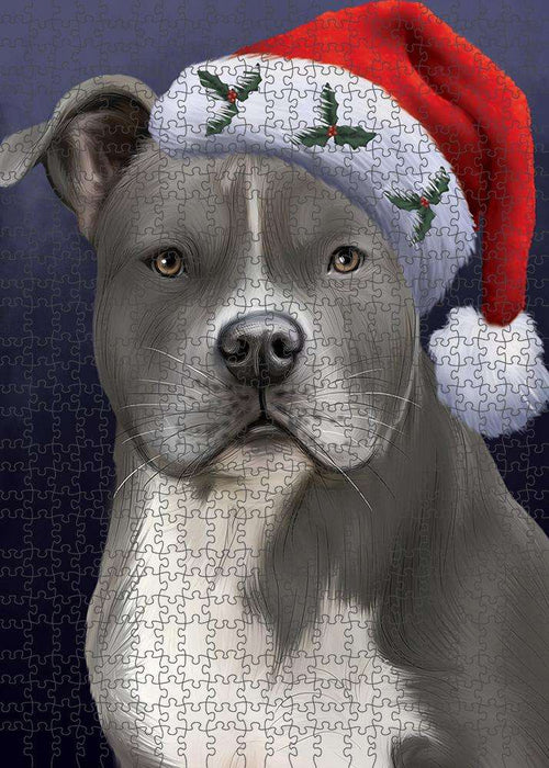 Christmas Holidays American Staffordshire Terrier Dog Wearing Santa Hat Portrait Head Puzzle  PUZL81108