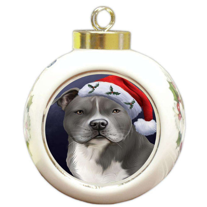 Christmas Holidays American Staffordshire Terrier Dog Wearing Santa Hat Portrait Head Round Ball Christmas Ornament RBPOR53488