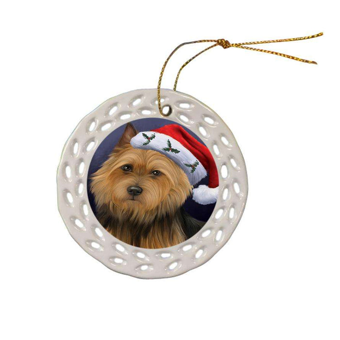 Christmas Holidays Australian Terrier Dog Wearing Santa Hat Portrait Head Ceramic Doily Ornament DPOR53489