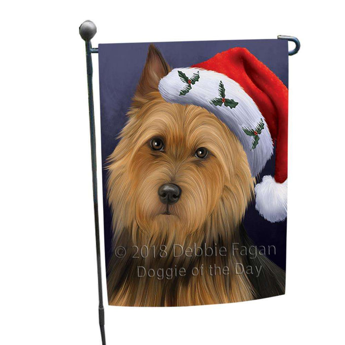 Christmas Holidays Australian Terrier Dog Wearing Santa Hat Portrait Head Garden Flag GFLG53551