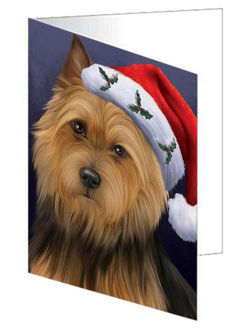 Christmas Holidays Australian Terrier Dog Wearing Santa Hat Portrait Head Handmade Artwork Assorted Pets Greeting Cards and Note Cards with Envelopes for All Occasions and Holiday Seasons GCD64496