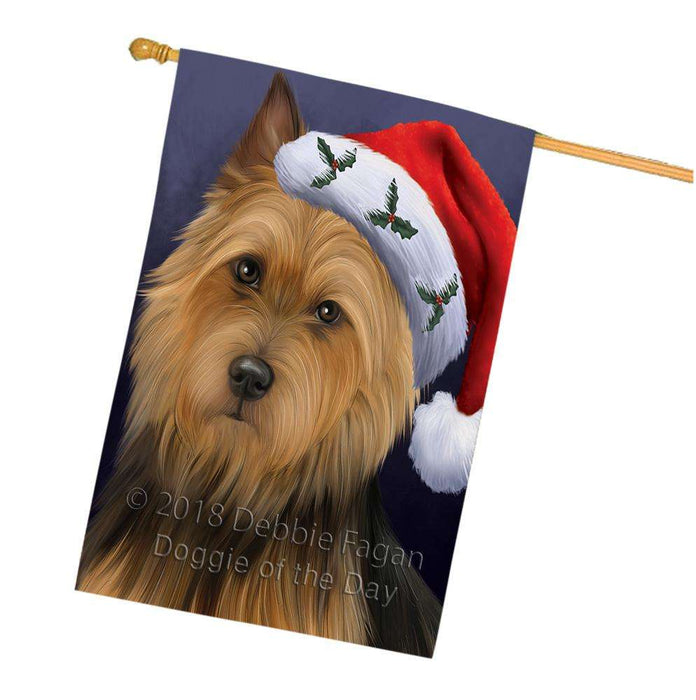 Christmas Holidays Australian Terrier Dog Wearing Santa Hat Portrait Head House Flag FLG53687