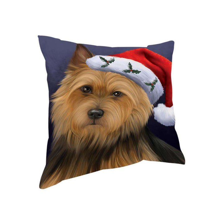 Christmas Holidays Australian Terrier Dog Wearing Santa Hat Portrait Head Pillow PIL70580