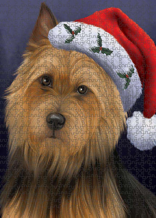 Christmas Holidays Australian Terrier Dog Wearing Santa Hat Portrait Head Puzzle with Photo Tin PUZL81112