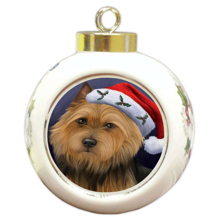 Christmas Holidays Australian Terrier Dog Wearing Santa Hat Portrait Head Round Ball Christmas Ornament RBPOR53489